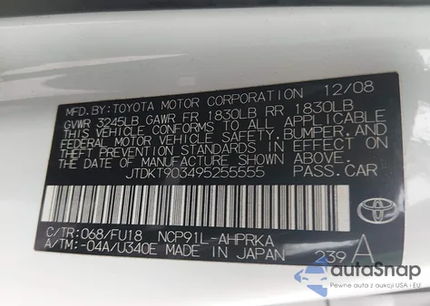 2009 Toyota Yaris из США, поврежденный, VIN JTDKT903495255555